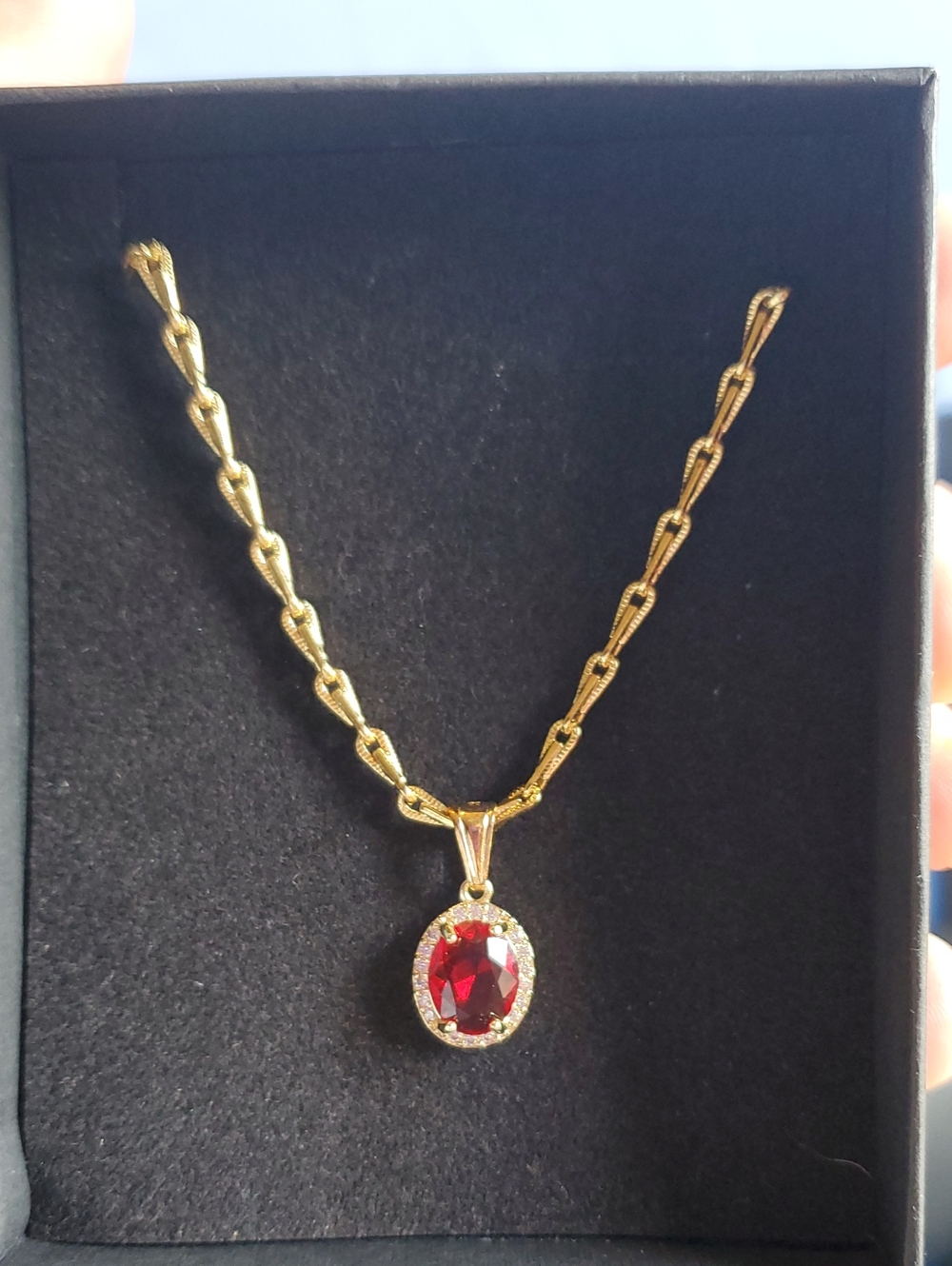 14k Gold Filled Necklace with Ruby Pendant and CZ Halo